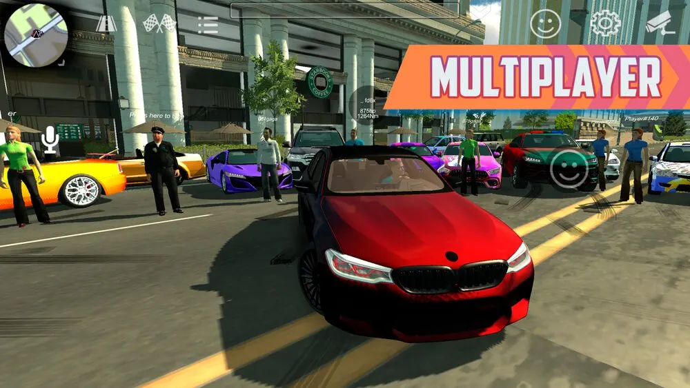 Car Parking Multiplayer, scena multiplayer con diverse auto colorate e giocatori in strada