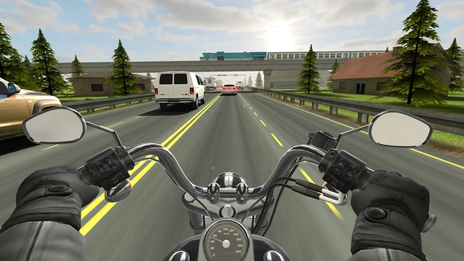 Vista in prima persona da una moto che sorpassa il traffico su un'autostrada, scena di gioco da Traffic Rider