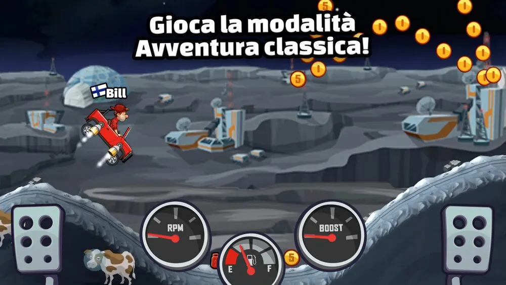 Hill Climb Racing 2, veicolo rosso che salta su un terreno lunare pieno di monete