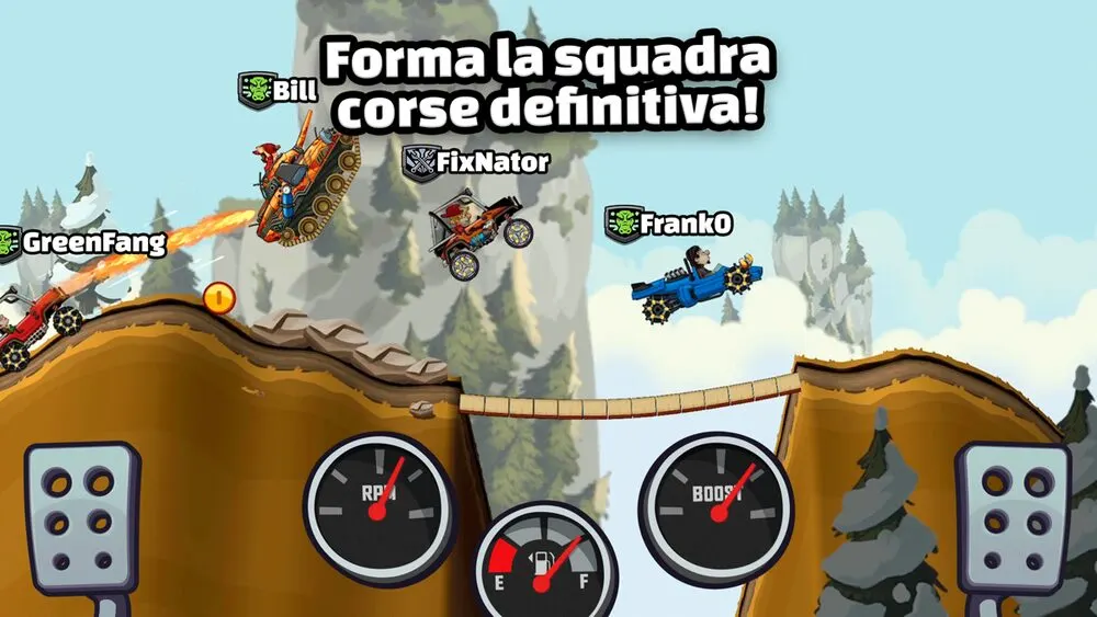 Hill Climb Racing 2, squadra di veicoli che salta tra due colline con un ponte di corde