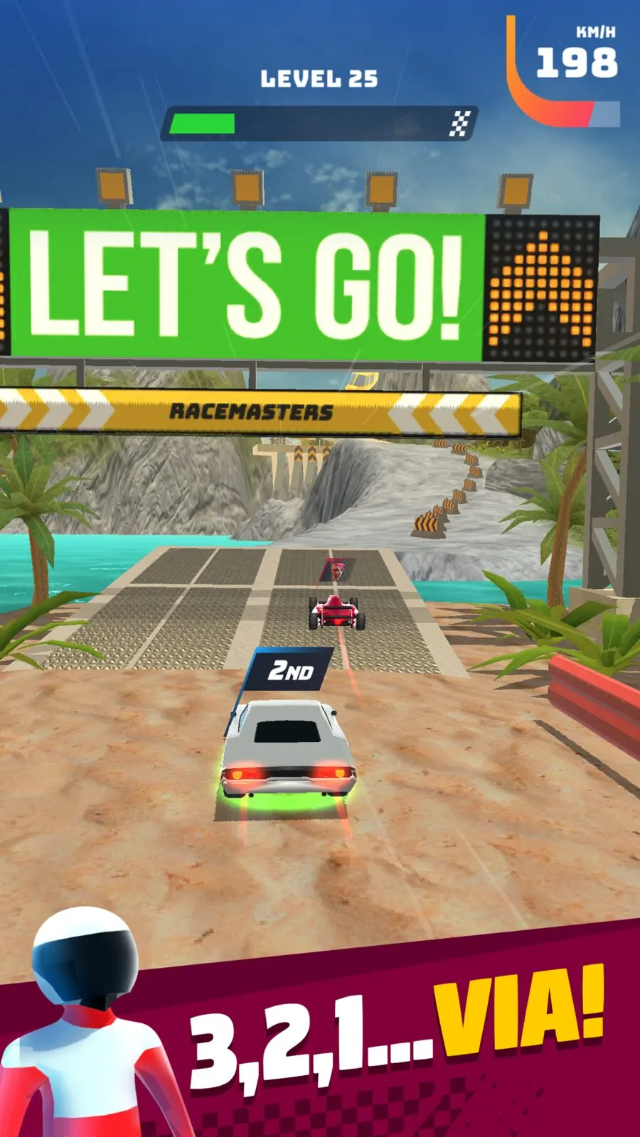 Race Master 3D, gara in seconda posizione su un ponte con insegna Let's Go sullo sfondo