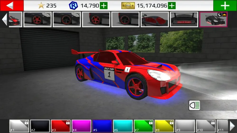 Rally Fury, auto da rally in garage con verniciatura rossa e blu