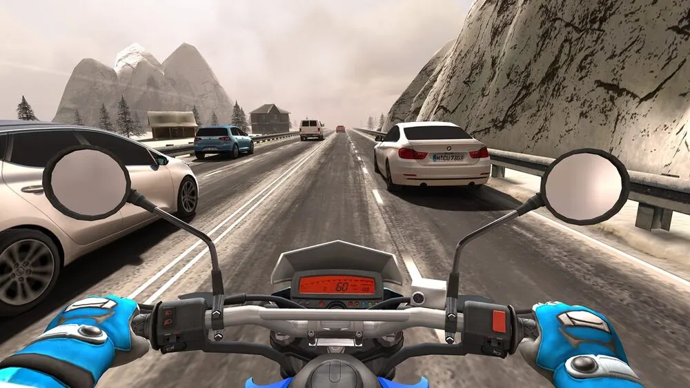 Traffic Rider, vista in prima persona su strada innevata con auto da sorpassare