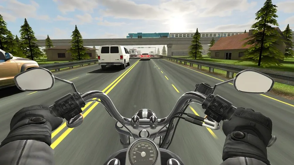 Traffic Rider, vista in prima persona da una moto in autostrada con furgone e treno sullo sfondo